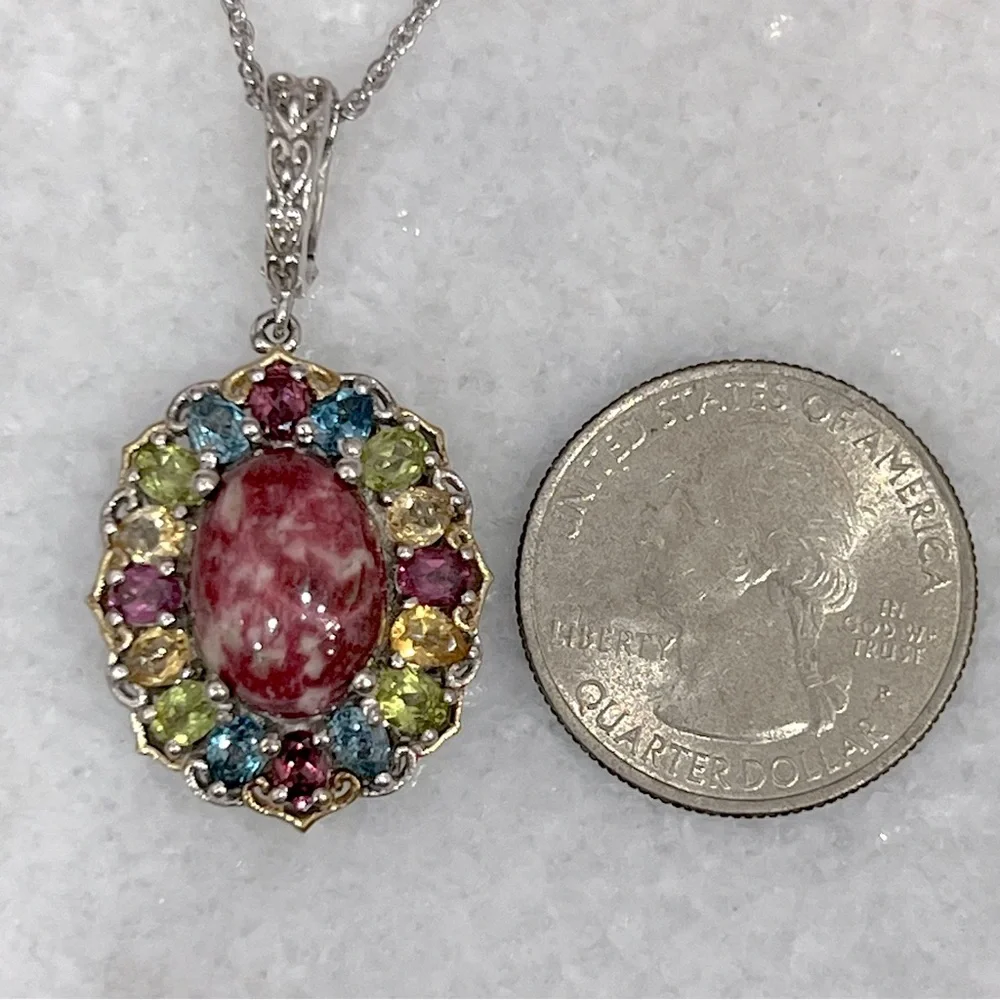 Norwegian Thulite Multigemstone 14K YG Sterling Silver Pendant 20” Necklace